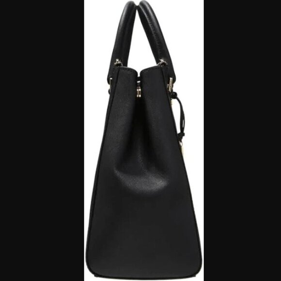 MK MICHAEL KORS SUTTON Saffiano Leather Black Gold Med Handbag 12.5 x 9 x 4" - Picture 2 of 16
